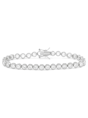 Round-cut Milgrain Cubic Zirconia Tennis Bracelet In Sterling Silver