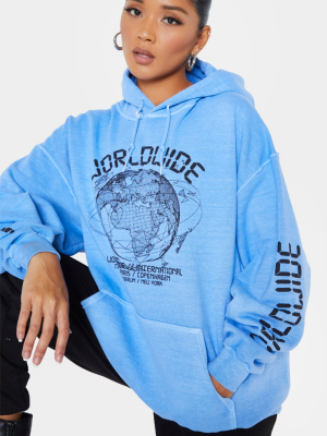 Cornflour Blue Worldwide Slogan Oversized Hoodie