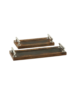 Set Of 2 Rustic Mango Wood Trays With Polished Metal Handles Brown - Olivia & May