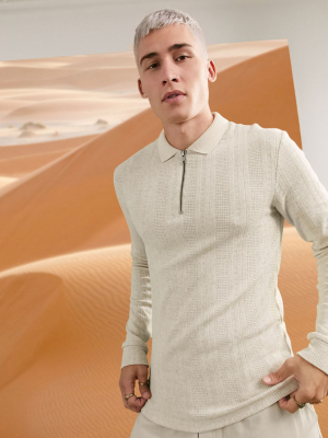 Asos Design Muscle Long Sleeve Zip Neck Polo In Beige Textured Jersey