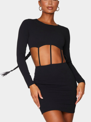 Black Long Sleeve Underbust Detail Waist Cut...