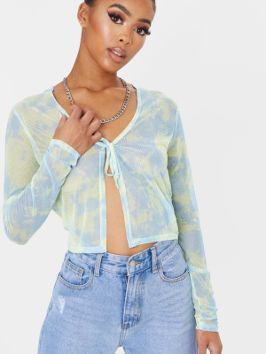 Blue Mesh Tie Dye Printed Tie Front Crop Top