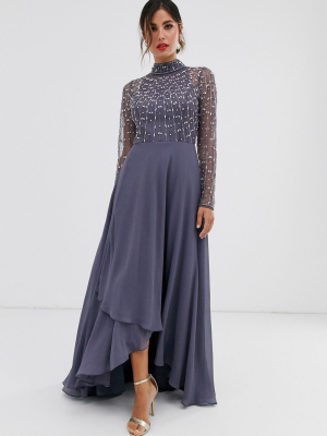 Asos Design Maxi Dress With Linear Embellished Bodice And Wrap Skirt