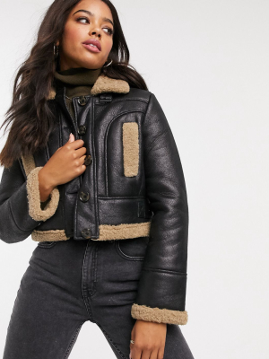 French Connection Faux Fur Cropped Biker Jacket In Black