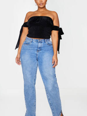 Plus Black Shimmer Sheared Detail Bardot Crop Top