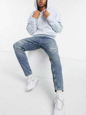 Pull&bear Carrot Fit Jeans With Soft Rips In Mid Blue