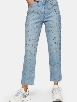 Bleach Diamante Raw Hem Straight Leg Jeans