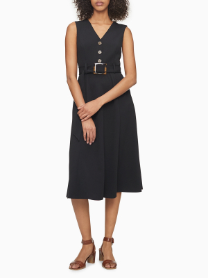 Button-front V-neck Sleeveless Belted Dress