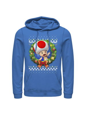 Men's Nintendo Christmas Toad Wreath Pull Over Hoodie