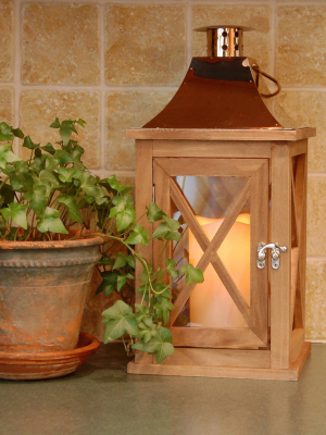 Wooden Led Lantern With Copper Roof And Battery Operated Candle Beige - Lumabase