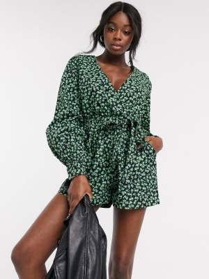 Asos Design Puff Sleeve Wrap Romper In Ditsy Floral Print