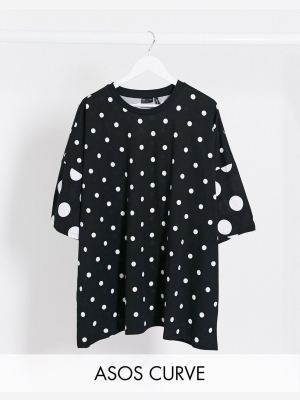 Asos Design Curve Oversized T-shirt In Mono Polka Dot