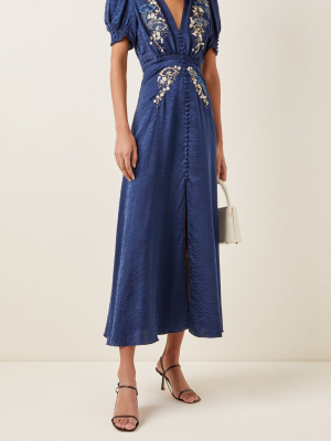 Lea Embroidered Silk Jacquard Midi Dress