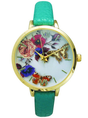 Olivia Pratt Leather Strap Fashion Watch W/ Floral Face - Teal