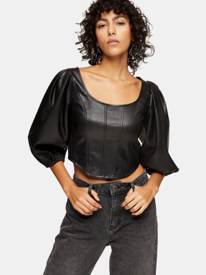 Black Pu Cropped Puff Sleeve Corset