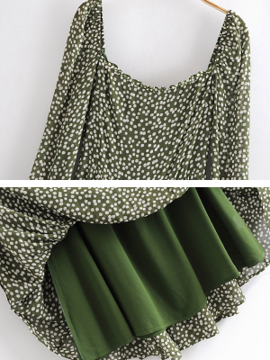 'olivia' Spotted Print Square Neck Tiered Green Maxi Dress