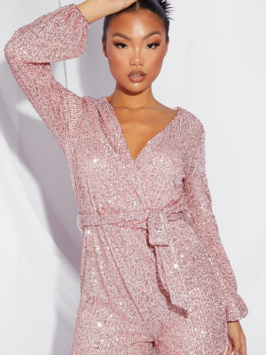 Petite Pink Balloon Sleeve Sequin Playsuit