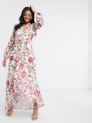 Hope & Ivy Wrap Front Maxi Dress With Lace Neckline In Floral Print