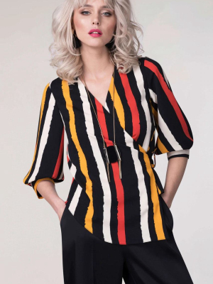 Black Puff Sleeve Stripes Wrap Top