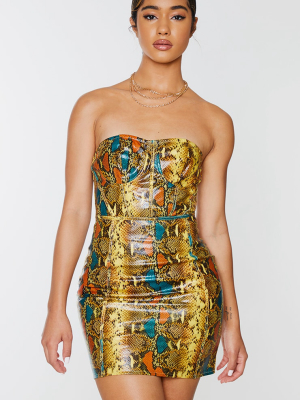 Multi Snake Print Pu Binded Bandeau Bodycon Dress