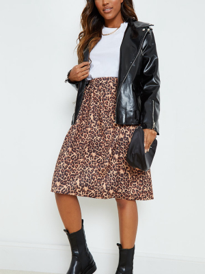 Brown Leopard Print Pleated Midi Skirt