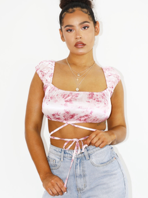 Pink Floral Satin Bardot Tie Detail Crop Top