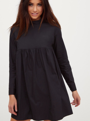 Black Cotton Poplin High Neck Smock Dress