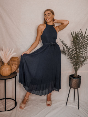 Luisa Belted Pleated Maxi Dress / Navy