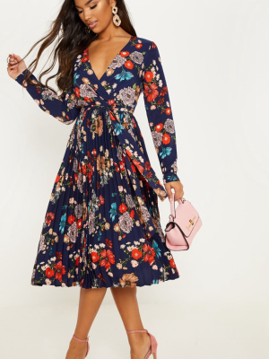 Navy Floral Long Sleeve Pleated Midi Dress