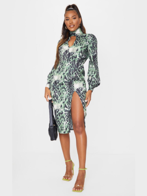 Khaki Leopard Print High Neck Keyhole Midi Dress