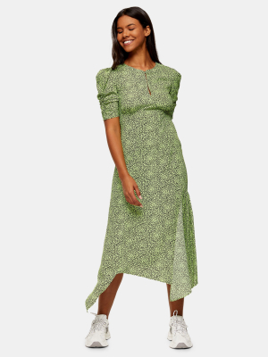 Lime Green Animal Print Ruched Sleeve Midi Dress