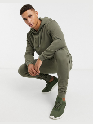 Asos Design Tracksuit With Hoodie & Skinny Cargo Sweatpants In Khaki