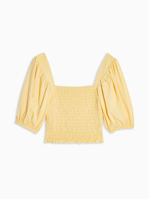 Yellow Shirred Short Sleeve Top