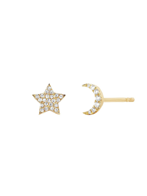 Diamond Moon & Star Stud Earrings - Yellow Gold