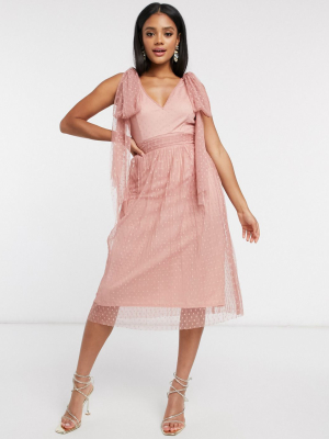 Little Mistress Skater Midi Dress With Bow Shoulder In Cosmetic Pink