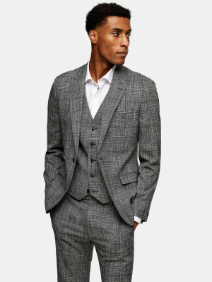 3 Piece Gray Check Skinny Suit With Peak Lapels