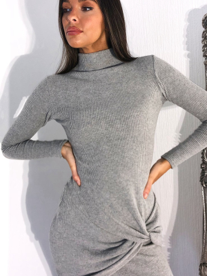 Grey Brushed Rib Long Sleeve Twist Skirt Detail...