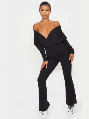 Black Off Shoulder Wrap Waffle Jumpsuit