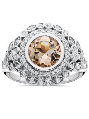 Pompeii3 2 1/3ct Morganite & Diamond Vintage Halo Ring 14k White Gold