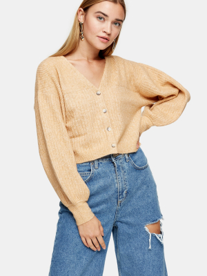 Camel Balloon Sleeve Cropped Knitted Cardigan