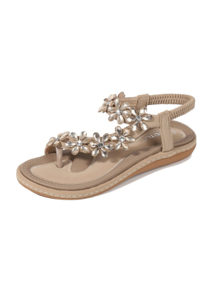 Boho Rhinestone Flower Embellished Wedge Sandals