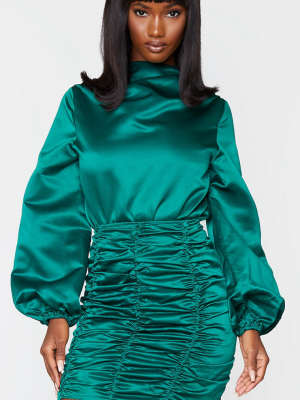 Emerald Green High Neck Woven Puff Sleeve Bodysuit