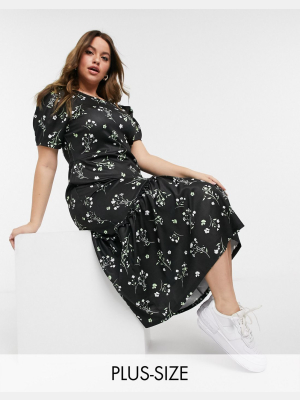 River Island Plus Floral Print Midi Dress In Black