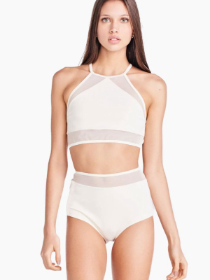 Mari Mesh High Neck Crop Bikini Top - Off White