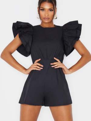 Black Frill Sleeve Woven Romper