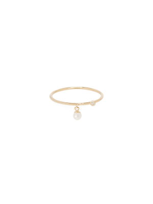 14k Dangling Tiny Pearl Ring With Off-set Diamond