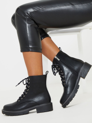 Black Chain Sole Cleated Chunky Lace Up Ankle Boot