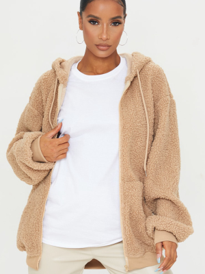 Camel Teddy Borg Zip Front Jacket