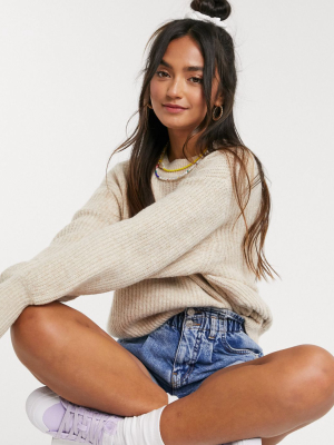 Asos Design Crew Neck Fluffy Sweater With Balloon Sleeve