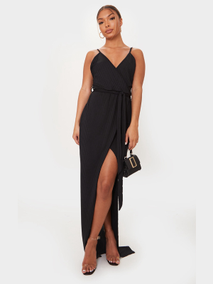 Black Ribbed Wrap Maxi Dress